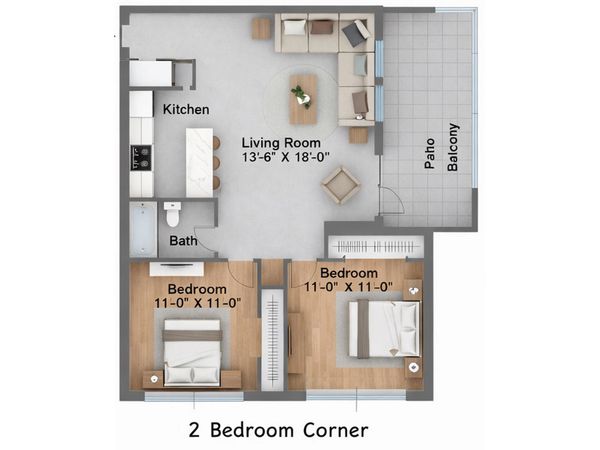2-bedroom corner apartment with living room, kitchen, bath, and patio balcony.