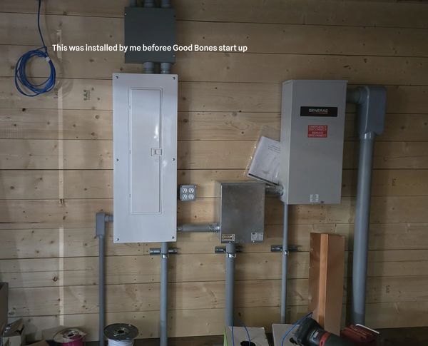 Electrical panel and boxes installed on wooden wall.