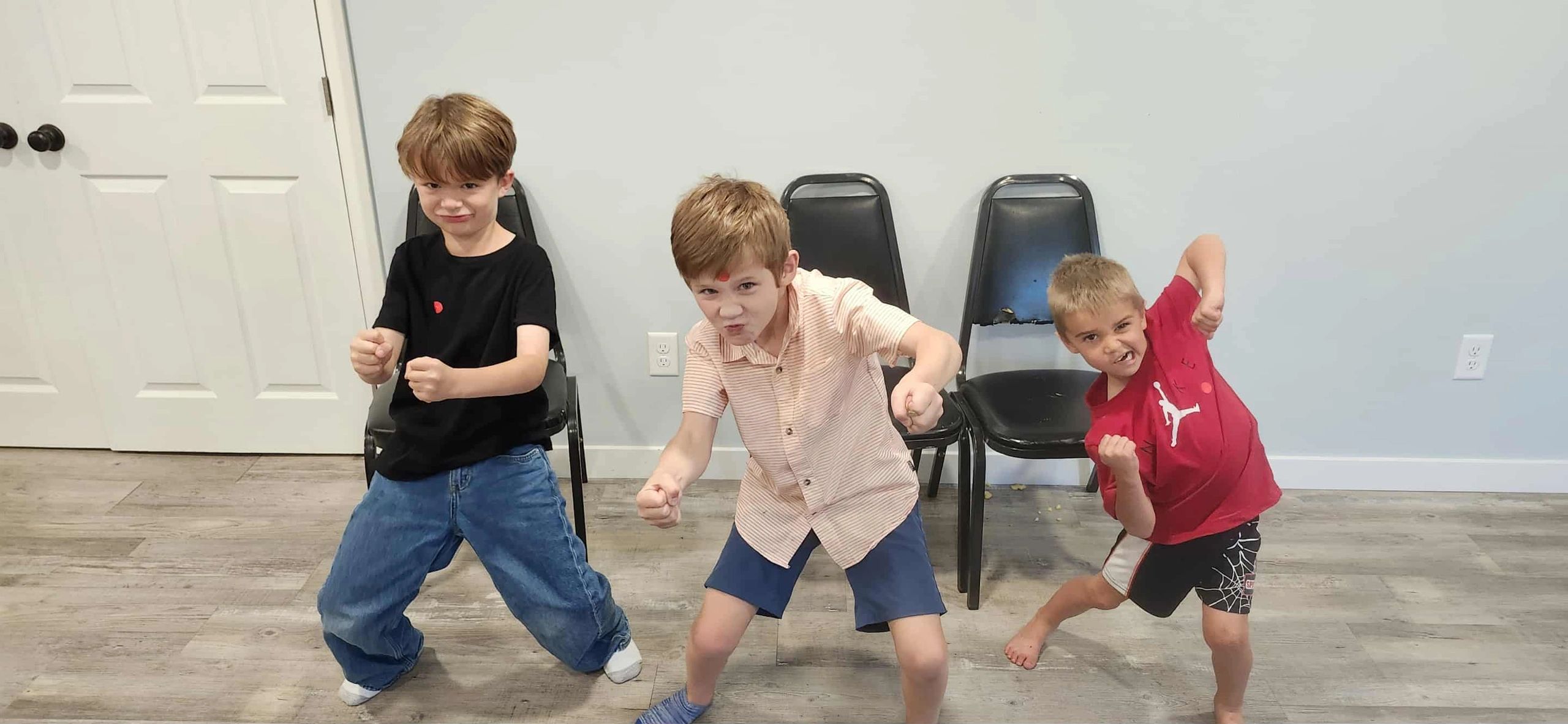 Three boys posing with playful fighting stances indoors.