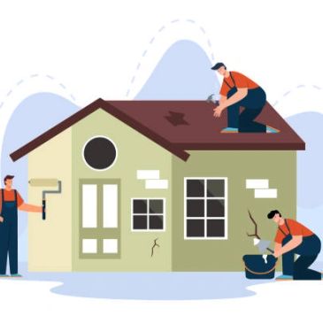 Workers refurbishing a building.