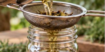 Straining liquid through a fine metal sieve into a glass jar.