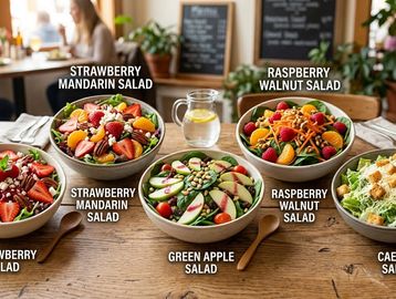 A variety of fresh fruit and green salads on a wooden table in a cozy cafe setting.