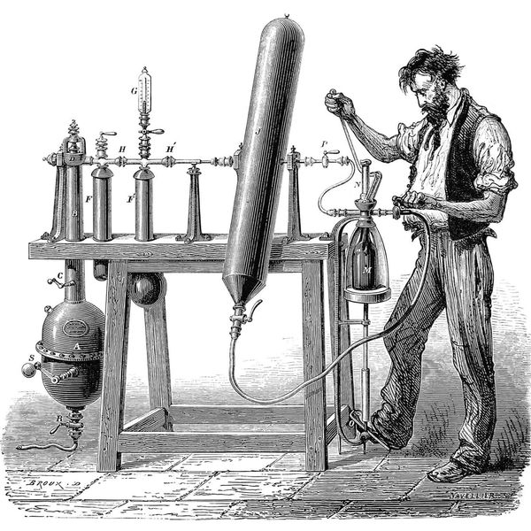 19th-century scientist conducting experiment with vintage laboratory apparatus.