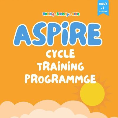 Bright orange poster for Aspire Cycle Training Programme with a sun and clouds.