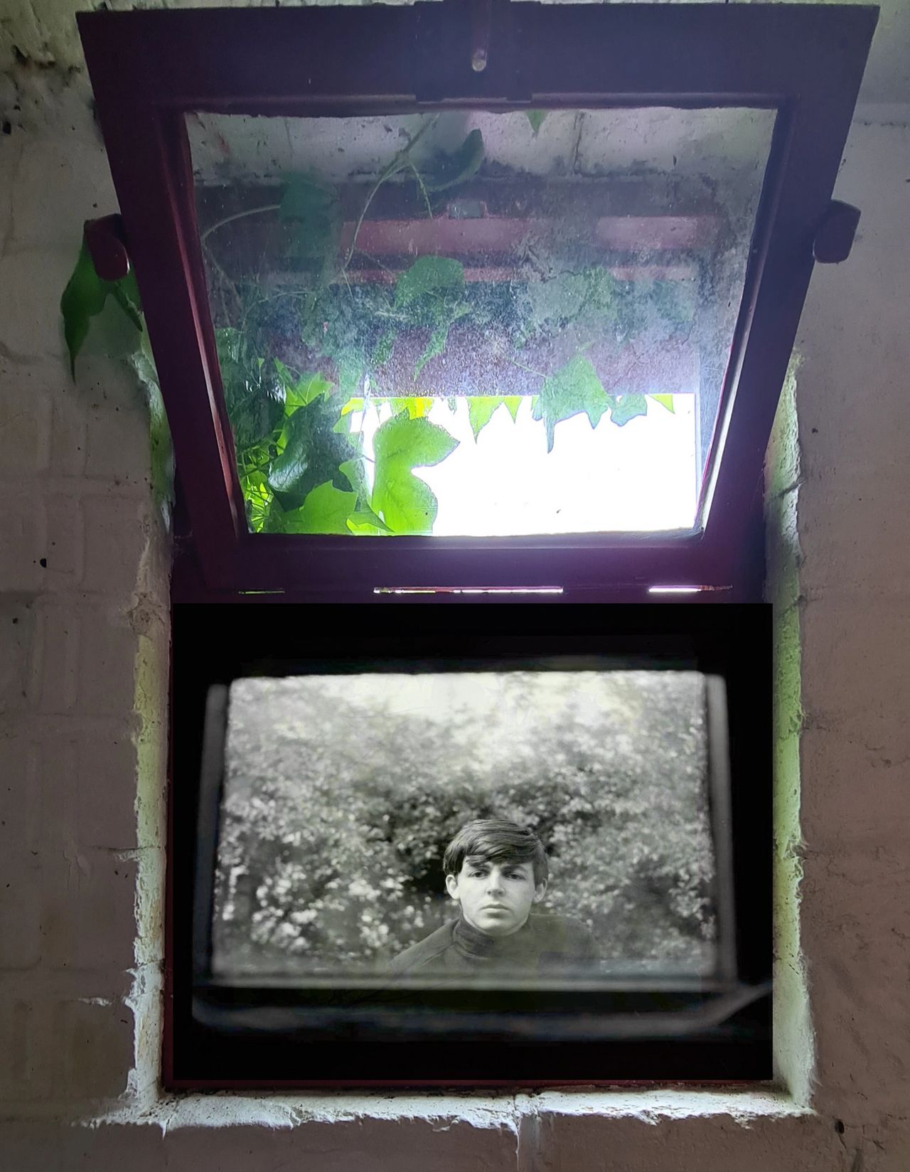 Mike McCartney photo of Paul looking through window of the outhouse. Photo overlay by Mark Ashworth.