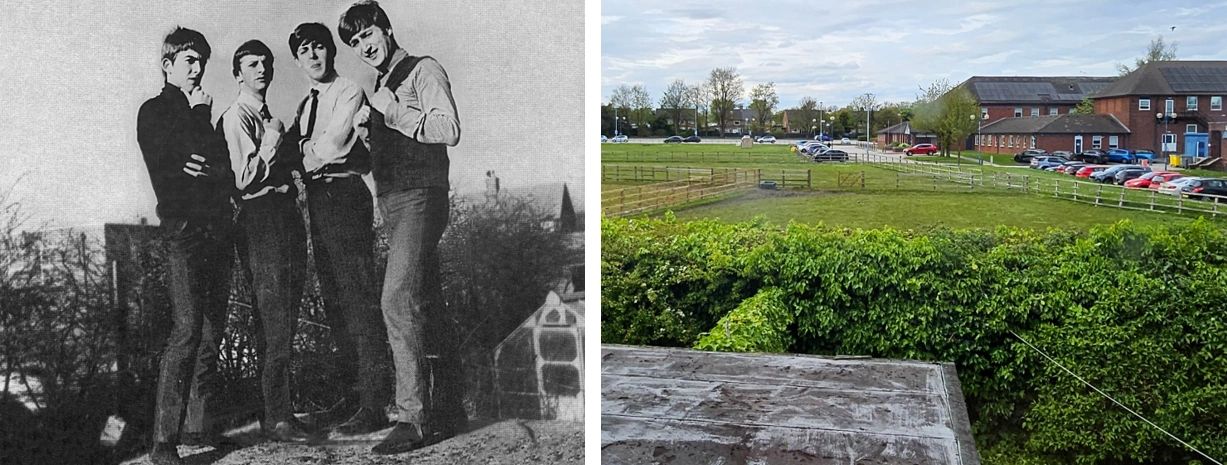 The boys pose for Dezo Hoffman on the roof of the outhouse, and the same location today.