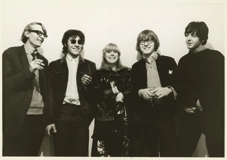 The opening of Indica books, February 1966; Barry Miles, John Dunbar, Marianne Faithfull, Peter Asher and Paul McCartney. 