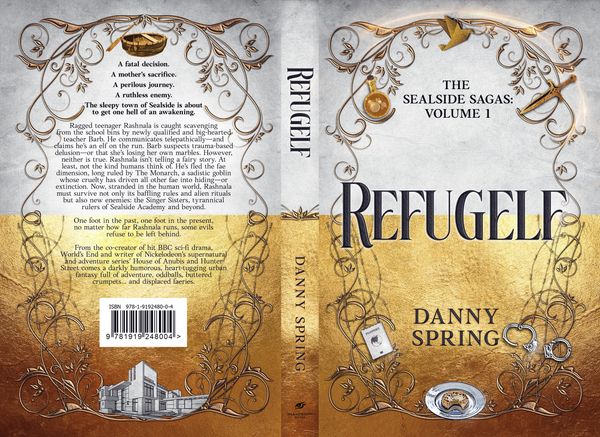 Book cover of 'Refugelf' by Danny Spring with fantasy and adventure elements.