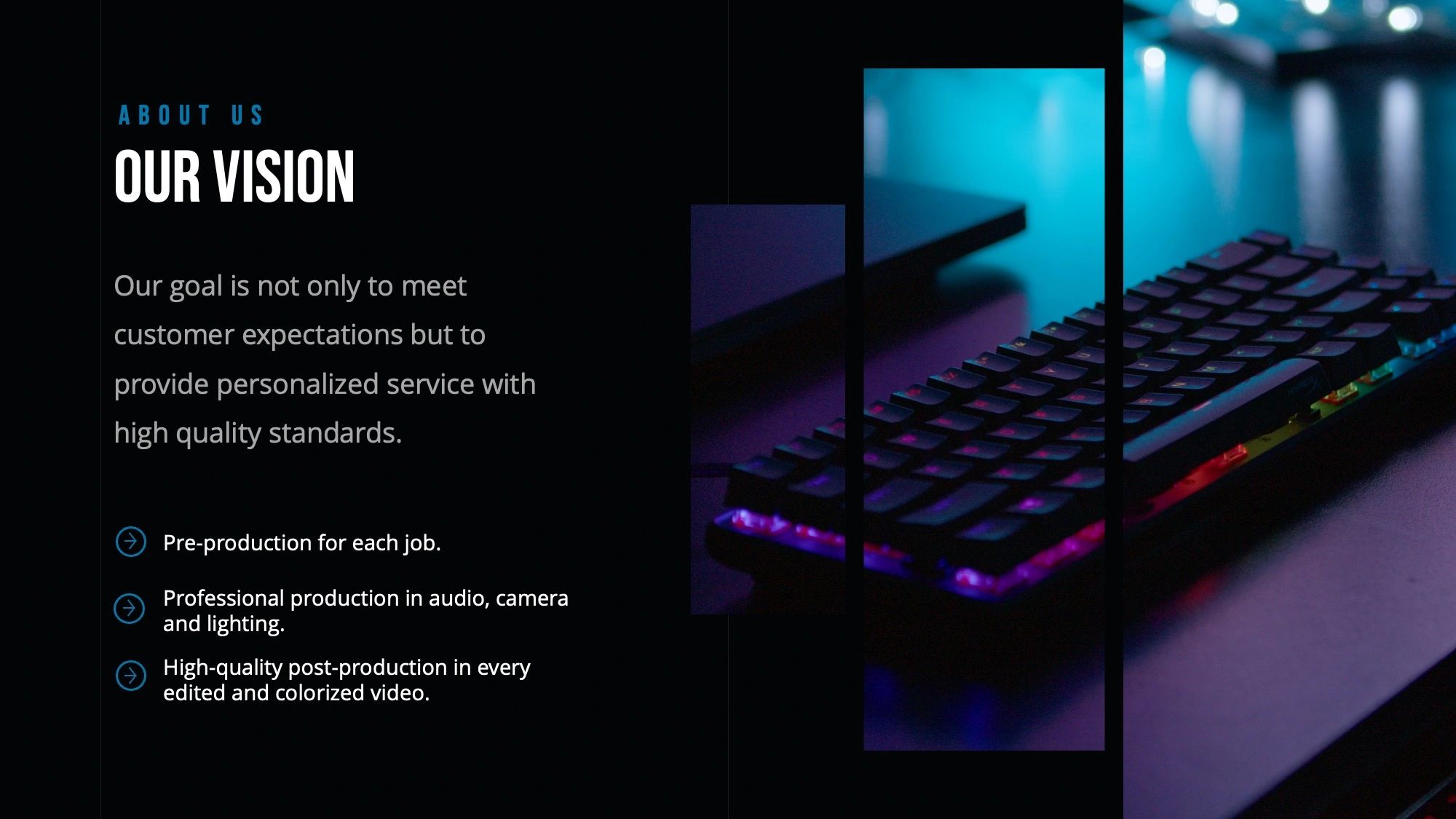 Modern keyboard with neon lighting alongside a company's vision statement about high-quality personalized service.