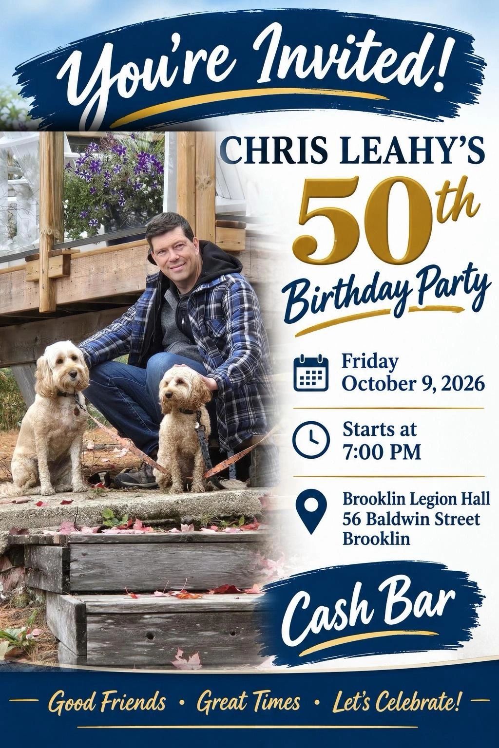 Invitation for Chris Leahy's 50th birthday party with dogs.