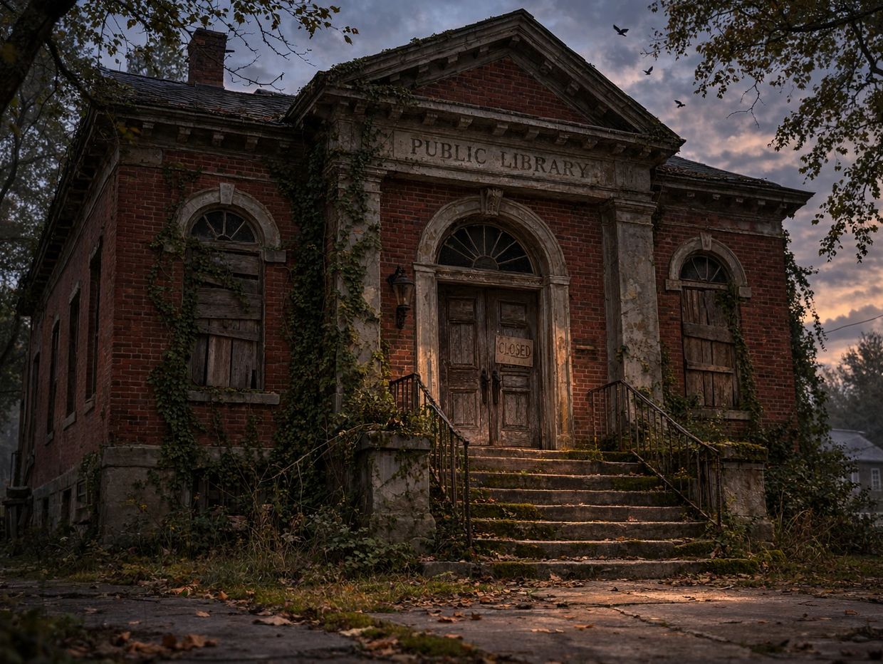 Abandoned brick public library covered in ivy, with boarded windows and a closed sign on the door.