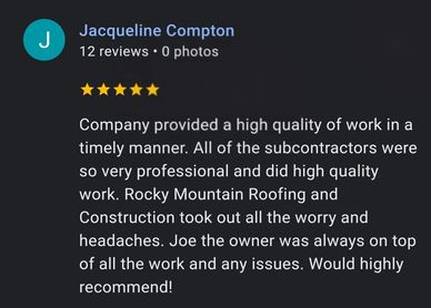 Five-star positive review praising timely, professional roofing work and excellent customer service.