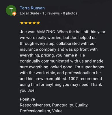 Five-star review praising Joe's professionalism and responsiveness after hail damage.