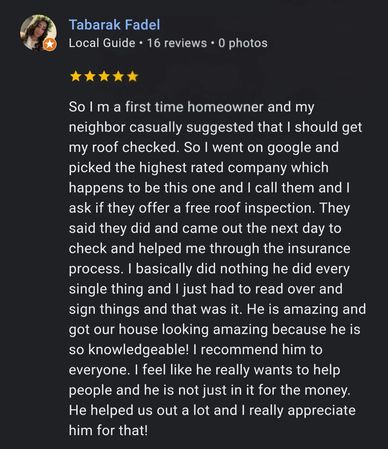 Positive review praising a knowledgeable and helpful roofing inspector.