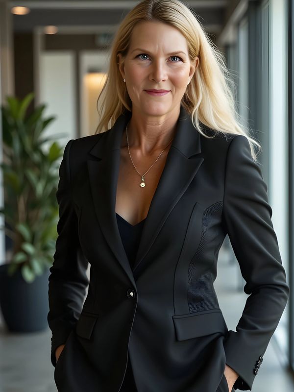 Confident blonde woman in a black blazer.