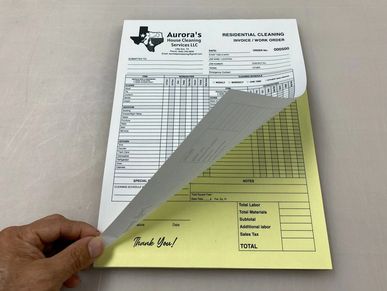 Custom carbonless NCR invoice and work order form for Aurora's House Cleaning Services, showing a wh