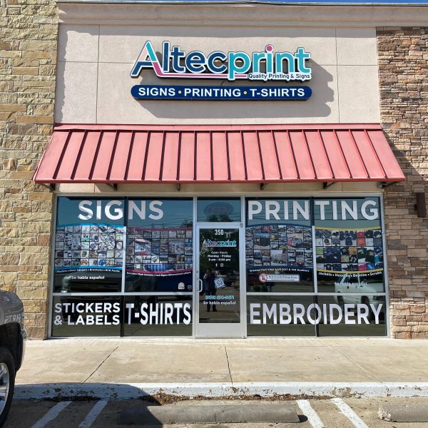 Altecprint storefront in Little Elm, TX, offering custom signs, printing, embroidery and stickers.