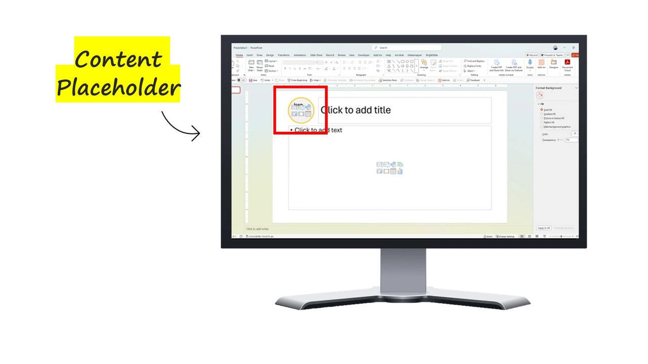 Computer monitor showing a content placeholder on a powerpoint slide