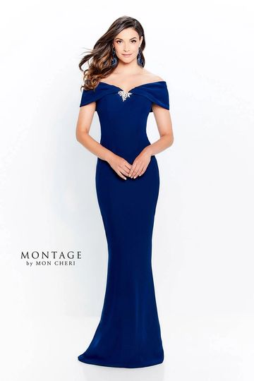 Montage 120905 timeless elegant fit and flare off the shoulder gown with brooch wedding guest