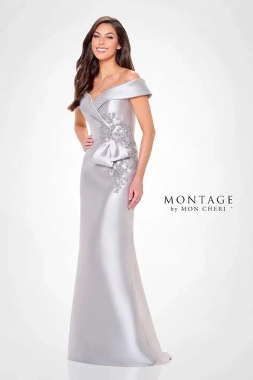 Montage m904 mother of the bride groom elegant satin beaded lace classic modest gown curvy fitted