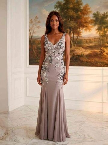 V-Neck Sequin Floral Appliqué Chiffon Mermaid Evening Gown 2070055 MLNY MOTHER OF THE BRIDE GROOM