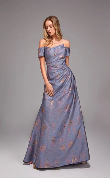 ALYCE PARIS 27828 jacquard ruched gown modern elegant sculptural black tie mother of the bride groom
