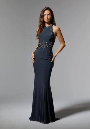 MGNY beaded embroidered halter neck gown fit and flare elegant mother of the bride groom formal