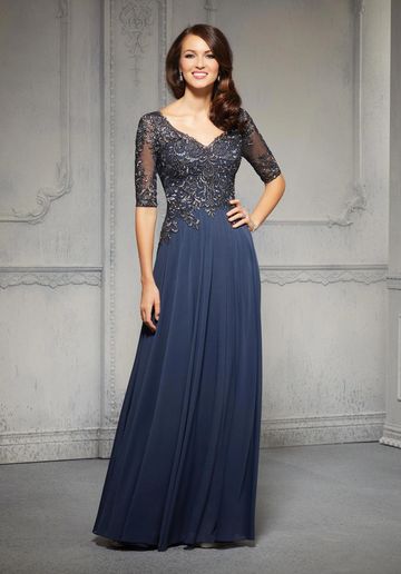 MGNY 71803 elegant lace bodice flowing skirt mother of the bride groom gown sleeves