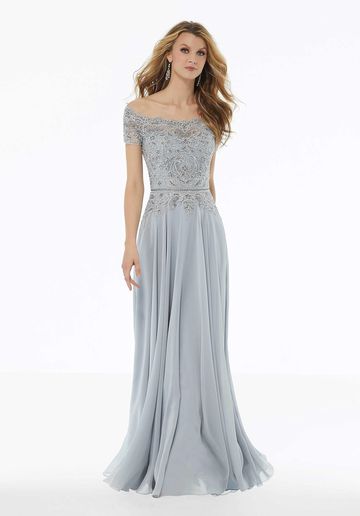 MGNY 72133- Morilee Mother of the bride Groom dress off the shoulder silver modern classy Ontario