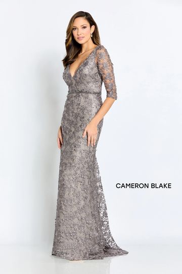 CB113 lace fitted gown beaded belt long sleeves v-neck mother of the bride groom flattering