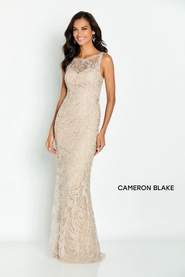 Cameron Blake CB136 sleeveless column gown fitted lace modern fresh youthful
