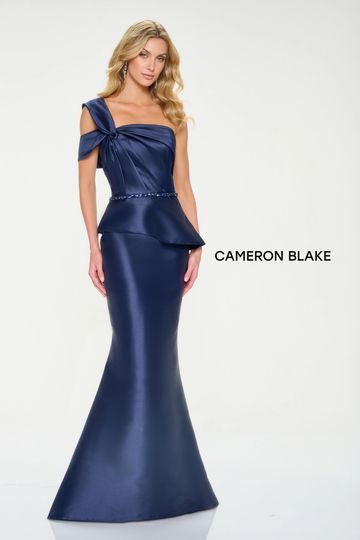 Mother of the Bride/ Groom Mikado fitted dress Navy one shoulder Cameron Blake Ontario CB207