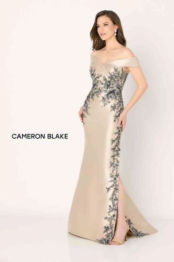 Cameron Blake CB777 fit and flare evening gown off the shoulder lace satin mother of the bride