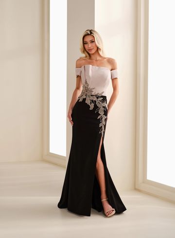 Montage m3113 off the shoulder beaded sheath gown elegant unique flattering mother of bride groom