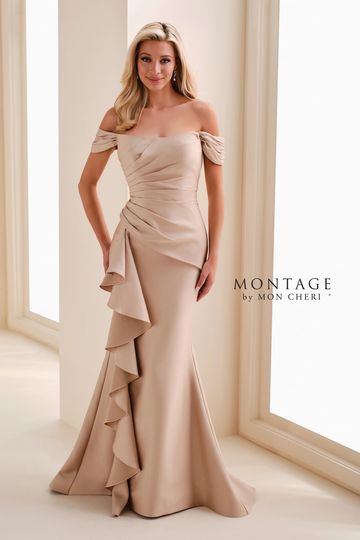 elegant flattering curvy mother of the bride groom ruffle ruching off the shoulder Montage M4202