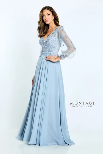 Montage M505 long sleeve soft delicate flowing gown lace floral a-line mother of the bride