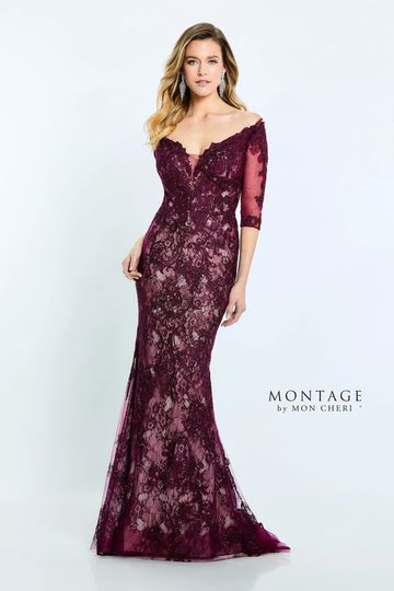 Montage M510 lace gown long sleeves mother of the bride groom flattering curvy elegant evening