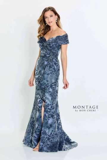 Montage M524 glittering organza floral print gown special occasion off the shoulder mother of bride
