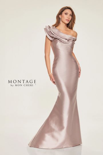 Montage M844 one shoulder ruffle satin gown mother of the bride groom mermaid elegant