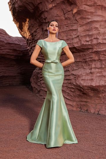 timeless classic mother of the bride groom gown sleeves bow detail Mikado satin elegant classy