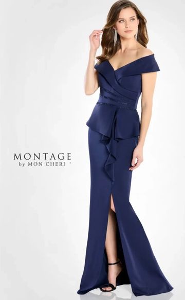 Montage m2209 off the shoulder peplum gown flattering curvy mother of the bride groom GTA kitchener