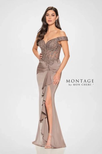 Montage M852 glamorous fitted mother of the bride groom gown beaded lace black tie flattering curvy