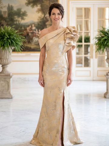 RUFFLED ONE SHOULDER JACQUARD EVENING GOWN WITH SKIRT SLIT 2070052 MLNY MOTHER OF THE BRIDE GROOM
