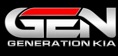 Silver and red Generation Kia logo on black background.