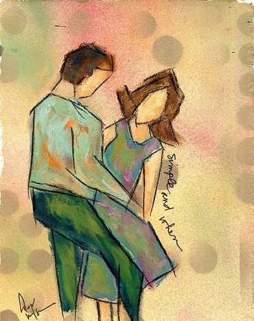 Abstract painting of a couple dancing gracefully.