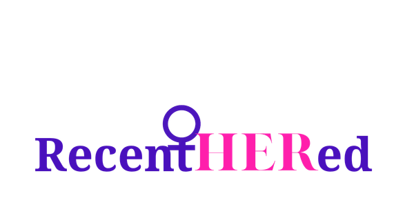 Logo with the text 'RecentHERed' in blue and pink colors.