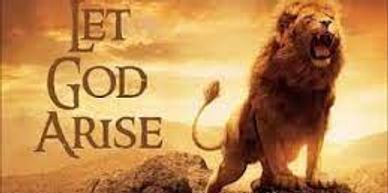 A roaring lion stands on a rock with 'Let God Arise' text.