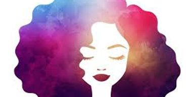 Illustration of a woman with colorful, voluminous hair and closed eyes.