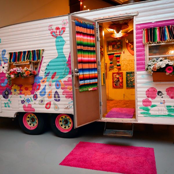 Vintage camper named The Casita located inside Glamp Inn. 