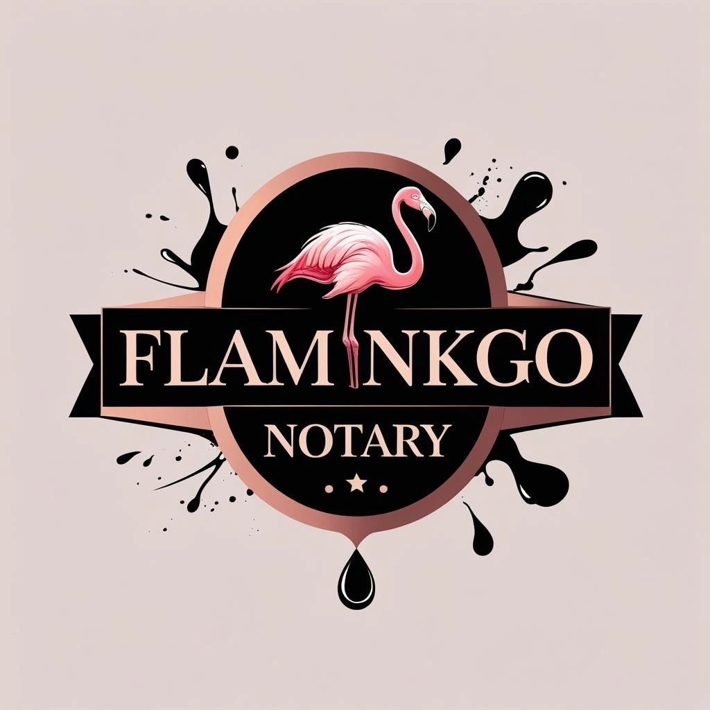 Elegant flamingo logo with black ink splashes for a notary service.